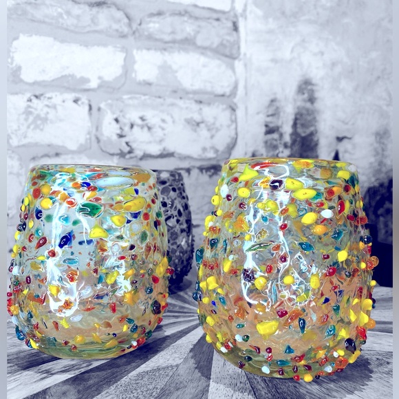 Bambeco Confetti Wine Glass Fiesta Hand blown set of 4 jewel tones - Picture 1 of 6
